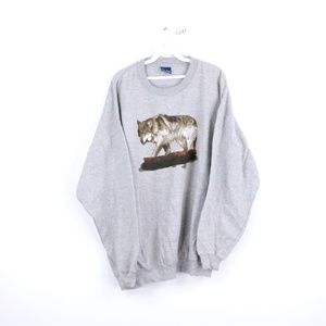 90s Streetwear Mens 2XL Wolf Print Sweatshirt Gray